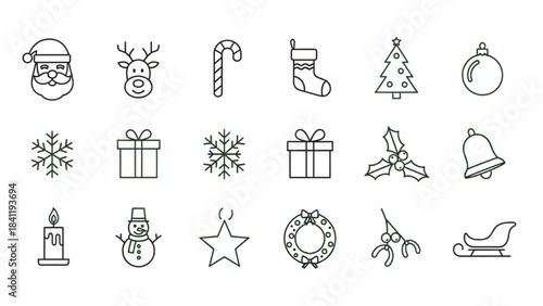Christmas Line Art Icon Sheet – Minimal Modern Outline Vector Set
