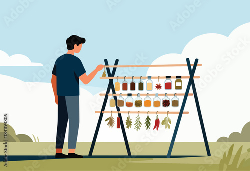 Illustration of person interacting with spice rack, outdoor setting, assortment of jars and dried herbs