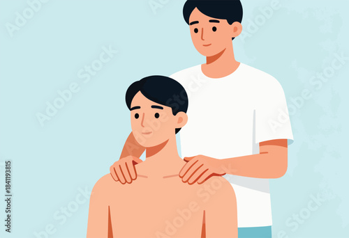 Two men one giving another a shoulder massage, both with dark hair. Neutral background. Illustration style