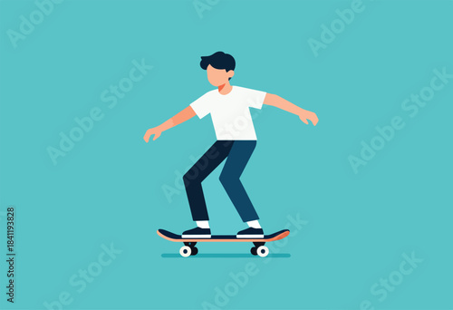 A flat illustration depicts a person on a skateboard against a teal background, mid-action, balancing