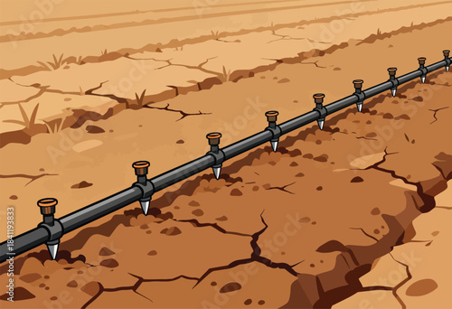 Depiction of a close-up field scene. Features a black irrigation pipe with nozzles over cracked, arid earth