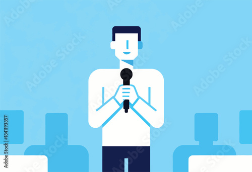 A geometric illustration of a speaker with microphone addressing an audience of silhouettes on a blue background