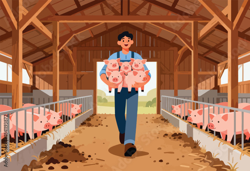 A farmer in denim carries several piglets in a wooden barn, with penned pigs in the foreground