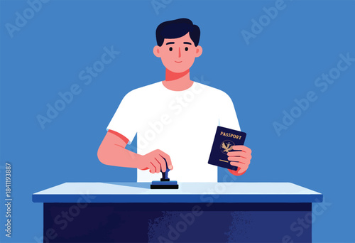 A person with a passport and stamp in a minimalistic illustration with blue background