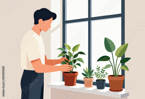 A person tends to indoor plants on a windowsill, with a window behind them, in a minimalist style