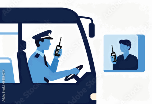 Illustration of a driver in uniform using a radio, and a second person in a blue framed image