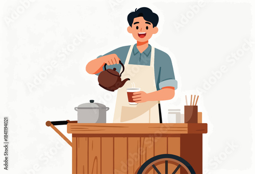 A smiling vendor pours tea from a teapot into a cup. They are behind a wooden cart
