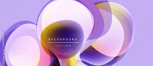 Abstract fluid shapes overlap, creating vibrant purple, pink hues. Modern design elements suggest dynamic movement, soft gradients.