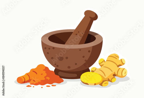 Illustration of a mortar and pestle with turmeric powder and ginger on a white background