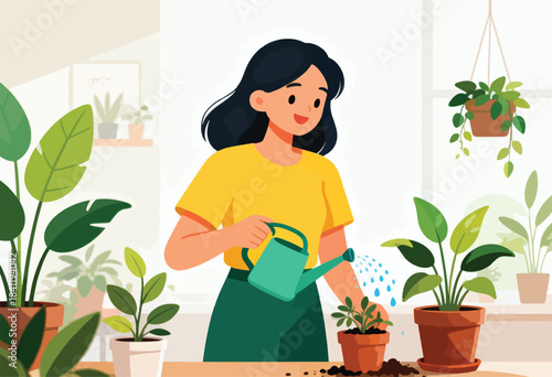 A woman in a yellow shirt waters a plant in a terracotta pot with a teal watering can; indoor scene