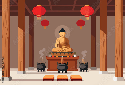 A calm, serene, colorful illustration of a temple, with a Buddha statue centered, & lanterns hanging