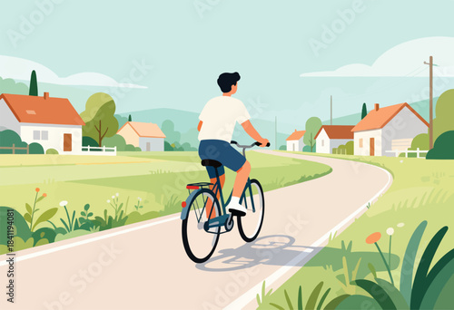 A person on a bike rides down a curved path, passing houses and fields on a sunny day