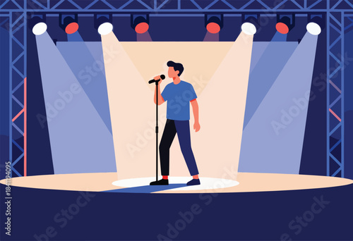 A person sings on stage under spotlights. The scene features a concert with lighting rigs and a performer