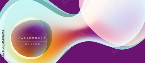 Abstract fluid shapes, vibrant colors blend. Purple background contrasts soft orange, blue hues. Modern design element.
