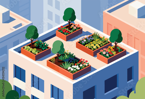 An isometric view depicts a rooftop garden with several plant boxes, trees, flowers, and buildings