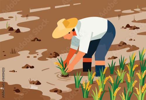 A farmer plants rice seedlings in a flooded field, wearing a hat and work boots under a bright sky