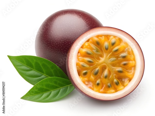 Whole and Halved Purple Passion Fruit with Green Leaves on White Background