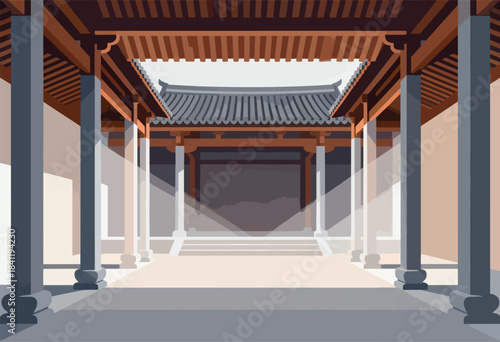 A detailed digital illustration of an Asian-style courtyard with pillars, wooden structures, and tiled roof