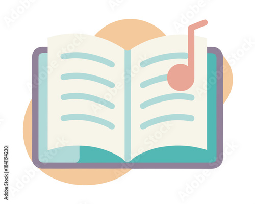 minimal open songbook, clean rectangular pages, subtle music note icon simplified, soft muted color palette, isolated on white, vector flat design
