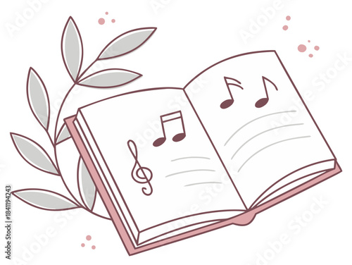 minimal open songbook, clean rectangular pages, subtle music note icon simplified, soft muted color palette, isolated on white, vector flat design
