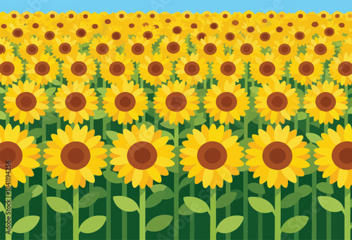 A vibrant illustration depicts a field of stylized sunflowers with bright yellow petals, green stems, and a clear blue sky