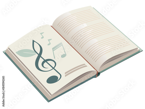 minimal open songbook, clean rectangular pages, subtle music note icon simplified, soft muted color palette, isolated on white, vector flat design
