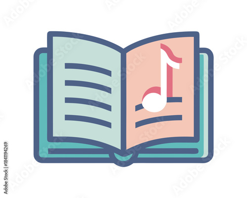 minimal open songbook, clean rectangular pages, subtle music note icon simplified, soft muted color palette, isolated on white, vector flat design
