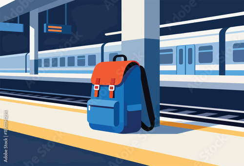 A blue and orange backpack rests on a platform as a train waits. Geometric style with train and signage