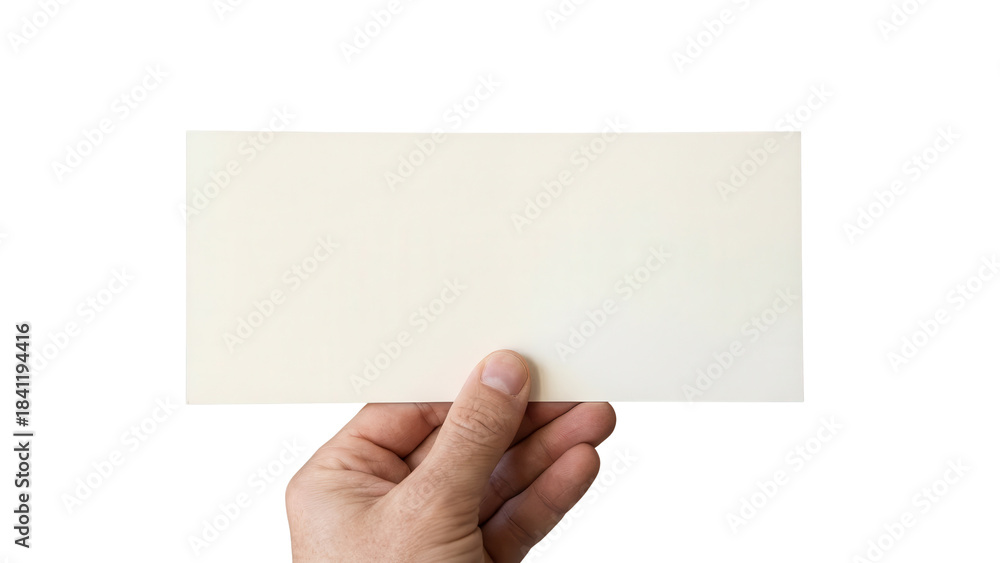 Fototapeta premium Hand holding blank rectangular paper card isolated on white background