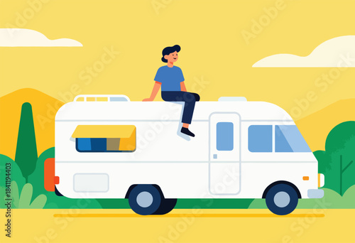 A flat-design illustration depicts a person perched on a white camper van with a yellow awning. Background has trees and mountains