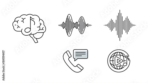 Collection of icons representing sound, music, communication, and brain activity, symbolizing auditory perception and connection