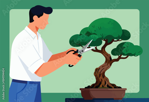 A person trims a bonsai tree with pruning shears, a skill in the art of miniature tree cultivation