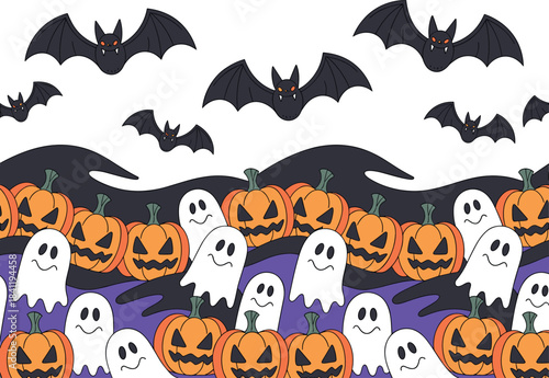 Halloween Seamless Pattern with Pumpkins, Ghosts, and Flying Bats Vector