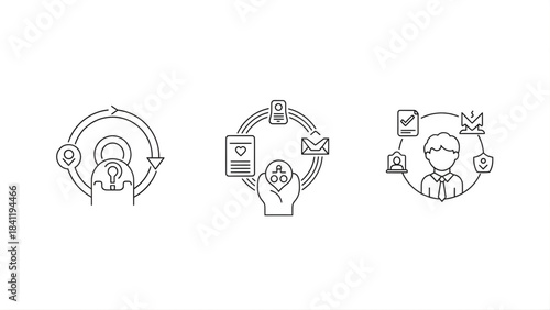 Modern line icons depicting digital data security, privacy protection, and regulatory compliance. Essential concepts for robust information management systems