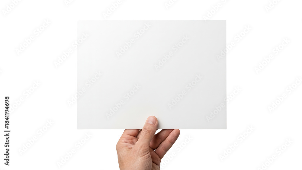 Fototapeta premium Hand holding blank white horizontal paper sheet isolated on white background
