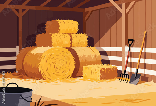 A barn interior scene depicts stacked hay bales and tools; a bucket sits nearby, under wooden beams