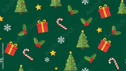 Seamless Christmas Pattern – Flat Vector Holiday Tile with Trees, Gifts, Candy Canes & Snowflakes