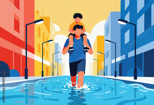 An illustrated depiction of a father carrying his child on his shoulders through a flooded city street