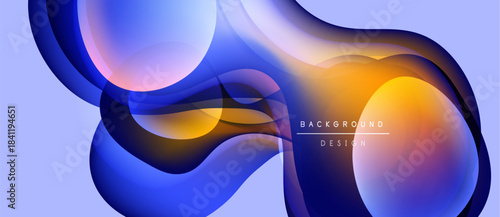 Abstract fluid shapes blend, creating vibrant blue, orange gradients. Modern design element for backgrounds, presentations. Smooth curves suggest motion.