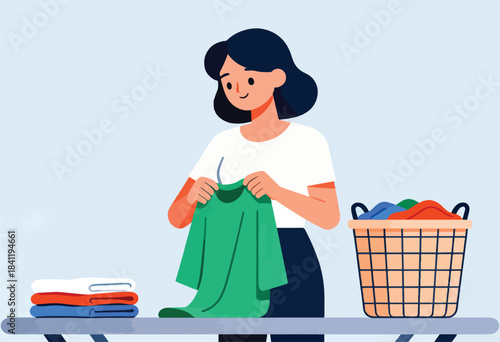A cartoon illustration depicts a woman folding a green shirt, with folded clothes and laundry basket nearby