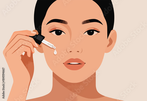 A face with dark hair applies skincare serum via dropper. A single drop of serum is falling