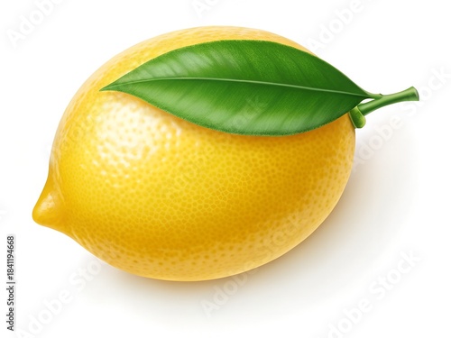 Single Fresh Whole Lemon with Green Leaf Isolated on White Background