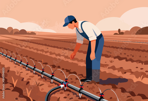 An illustration shows a farmer in blue overalls checking crops next to an irrigation system in a field