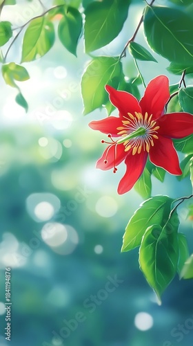 Striking red flower blossoms amidst vibrant green leaves against a soft, blurred background