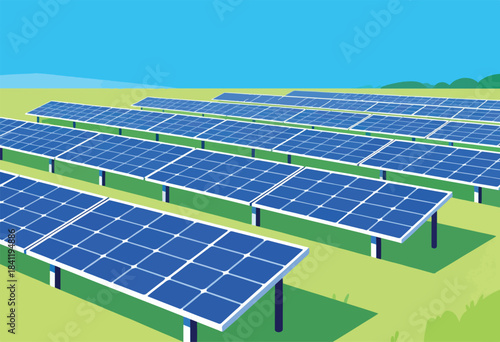 Illustration depicts rows of solar panels in a green field, under a blue sky, hinting at renewable energy