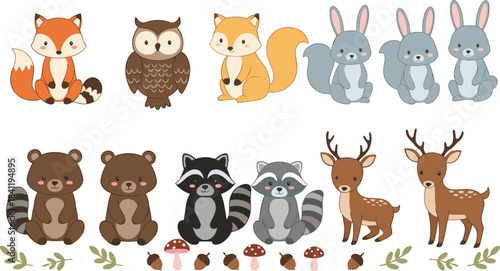 Cute woodland animal vector illustration set featuring foxes, owls, rabbits, raccoons, bears, deer, mushrooms, and forest elements in charming cartoon style