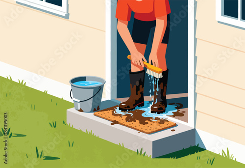 A person brushes mud from boots outside a door, with a bucket of water and a mat on the porch