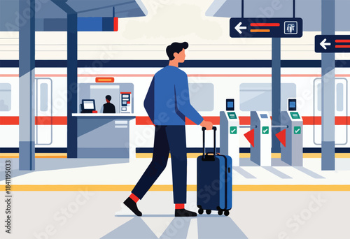 Illustration of a man with a suitcase walking through a station, with ticket booths and turnstiles