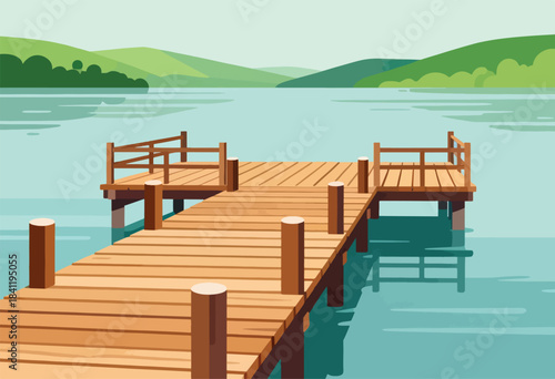 Illustration of a wooden pier extending into a serene lake, with distant green hills and a light sky