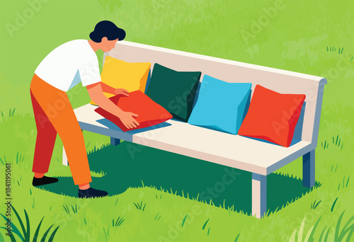 Person arranging colorful cushions on a white bench, set in a grassy outdoor scene